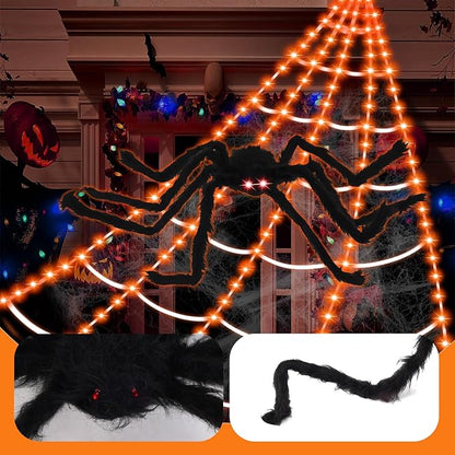 Upgrade 3 Colors Purple/Orange/Pink/Spiders Web Lights,with Single Color Always ON,11 Modes 16.4Ft 200 LED Super Bright Halloween Decorations Lights with Remote Control,49'' Giant Glowing Spider