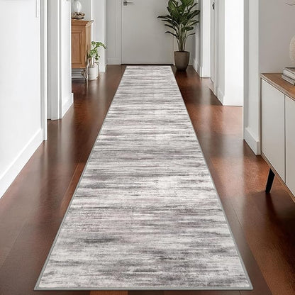 KOZYFLY Modern Abstract Washable Rug Runner 2.6x14 Hallway Rug Runner Non-Slip Soft Kitchen Runner Rugs, Grey-Beige Striped Carpet for Entryway Bathroom Laundry Room Foyer