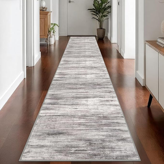 KOZYFLY Modern Abstract Washable Rug Runner 2.6x14 Hallway Rug Runner Non-Slip Soft Kitchen Runner Rugs, Grey-Beige Striped Carpet for Entryway Bathroom Laundry Room Foyer