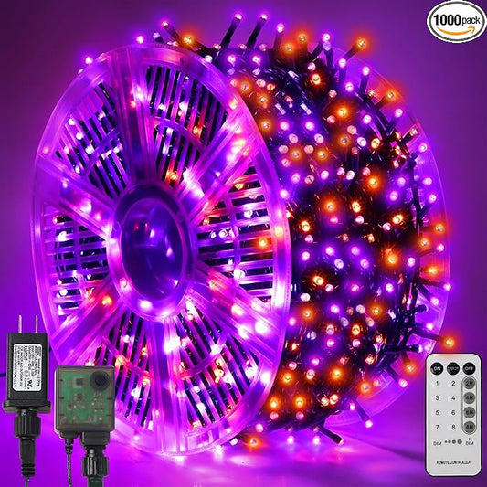 WATERGLIDE 1000 LED Halloween String Lights, 328 FT Green Wire LED Decorative Fairy Lights with Remote & 8 Modes, Waterproof for Outdoor Xmas Holiday Party Garden Wedding Home Decor, Orange & Purple