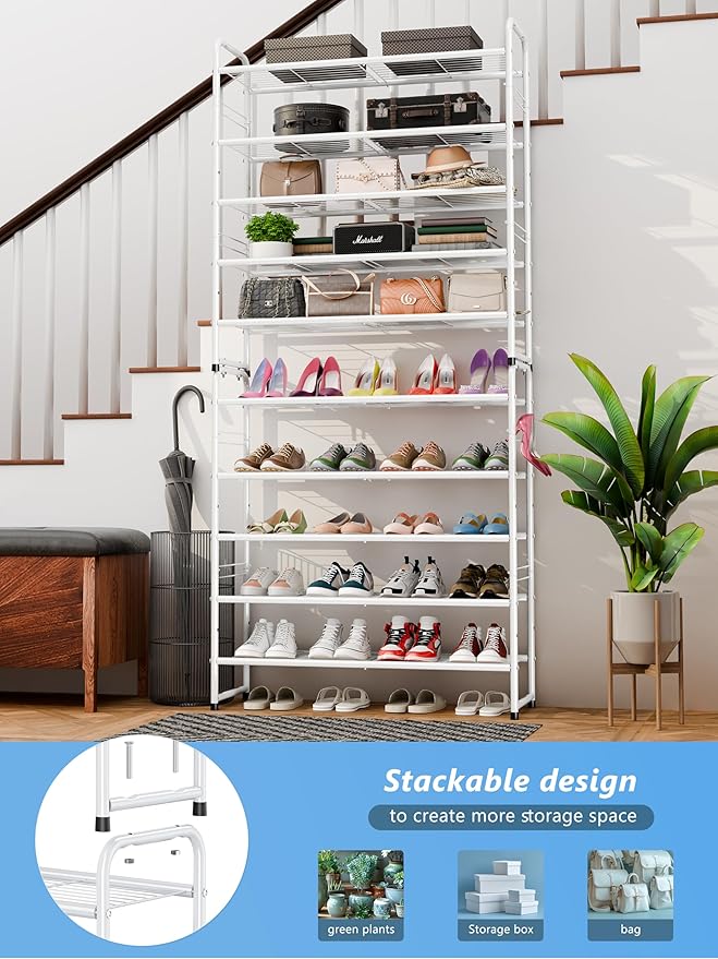 SUFAUY 5 Tier Shoe Rack 33" Wide, Shoe Storage Shelf for Entryway Garage, Heavy Duty Metal, White