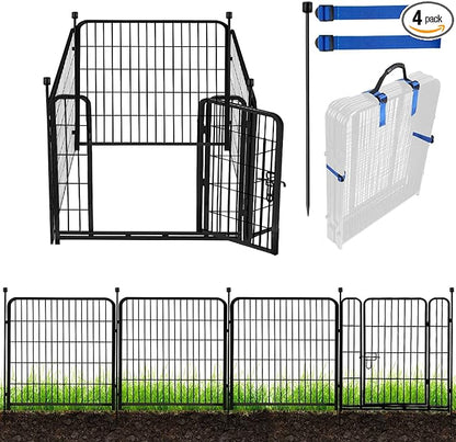 ADAVIN Tall Garden Fence with Low Threshold Door,54 in(H) 4 Panels Total 8.8 Ft(L) Fencing for Dogs, Garden Fence Animal Barrier, Black Iron Metal Heavy Duty Dog Fence Outdoor for Yard