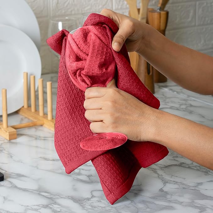 Blue Needles Waffle Weave Kitchen Towels, 15x25 Inches 100% Cotton Set of 6 Dish Cloths for Kitchen, Ultra Soft & Absorbent with Hanging Loop, Dish Rags for Quick Drying, Assorted - Burgundy