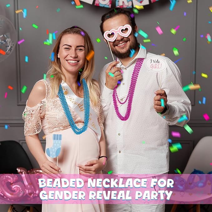 120 PCS Gender Reveal Beads, 33'' Gender Reveal Necklace Decorations, Pink and Blue Round Bead Necklaces Bulk, Creative Gender Reveal Party Supplies Accessories