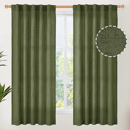 YoungsTex Olive Green Linen Curtains 63 Inch Length for Living Room, Rod Pocket Back Tab Light Filtering Drapes Semi Sheer Window Treatments for Bedroom Farmhouse, 2 Panels, 42 X 63 Inch