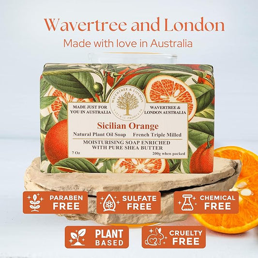 Wavertree & London Sicilian Orange Scented Natural Soap Bar, 7oz Moisturizing French Triple Milled Soap Bar for Women & Men Enriched with Organic Shea Butter, Pure Bath & Body Soap (1 Bar)