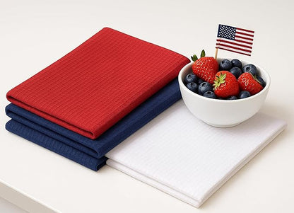 PurpleEssences 4th of July Waffle Weave Kitchen Towel, 100% Cotton - 15 x 25 Inches, with Hanging Loop Ultra Soft Absorbent Quick Drying Dish Cloth, Tea & Hand Towels, 6 Pack Labor Day Red Blue White