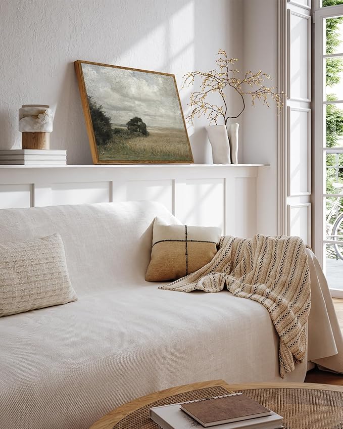 InSimSea Framed Canvas Wall Art Vintage Decor, Landscape Wall Art Prints, Vast Field Cloudy Sky Wall Print, Mid Century Modern Decor, Rustic Retro Farmhouse Bedroom Picture, 12"x16"