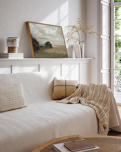 InSimSea Framed Canvas Wall Art Vintage Decor, Landscape Wall Art Prints, Vast Field Cloudy Sky Wall Print, Mid Century Modern Decor, Rustic Retro Farmhouse Bedroom Picture, 12"x16"