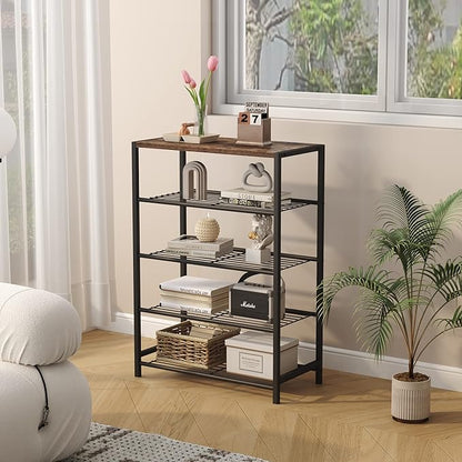 HOMEFORT 5-Tier Shoe Rack, Shoe Storage Shelf with MDF Top Board, Shoe Rack Organizer, Each Tier Fits 3 Pairs, Entryway Shoe Stand with Sturdy Shelves, Rustic Brown