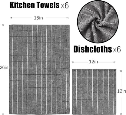 Microfiber Kitchen Towels and Dishcloths Set, 26 X 18 Inch and 12 X 12 Inch, Set of 12 Bulk Lint Free Dish Towels for Drying Dishes, Grey