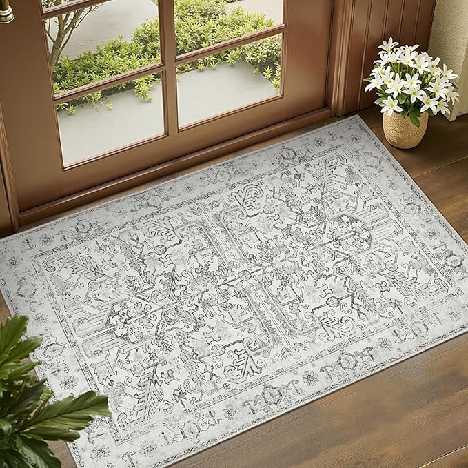 jinchan 2x3 Entryway Washable Rug - Non-Slip Indoor Distressed Doormat Small Rug Low Pile Ultra-Thin Accent Floral Print Indoor Mat for Entrance Kitchen Bathroom Bedroom (2x3ft,Grey)