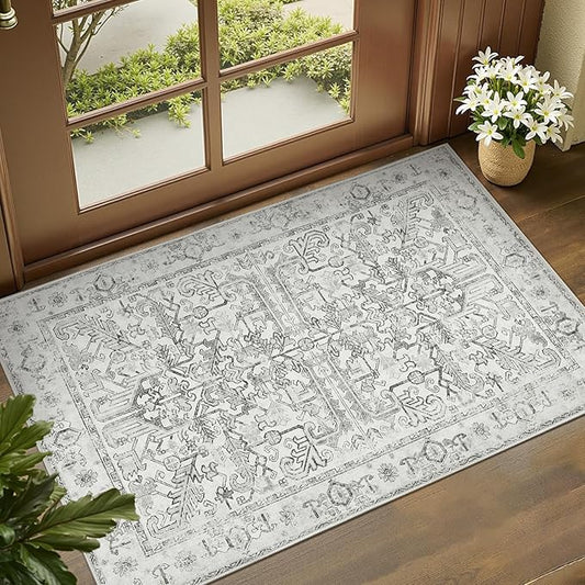jinchan 2x3 Entryway Washable Rug - Non-Slip Indoor Distressed Doormat Small Rug Low Pile Ultra-Thin Accent Floral Print Indoor Mat for Entrance Kitchen Bathroom Bedroom (2x3ft,Grey)