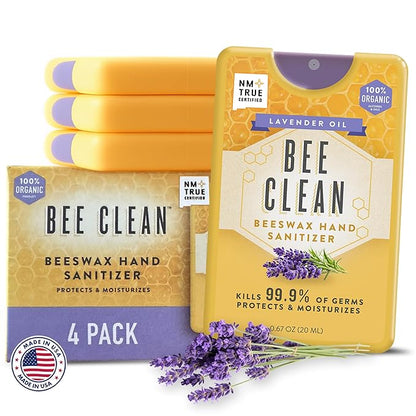 Organic Beeswax Hand Sanitizer Spray - 4-Pack (Lavender Oil), Travel Size Mist Spray with Organic Ethyl Alcohol, Moisturizing and Refreshing with Essential Oils, Non-Toxic, Made in the USA