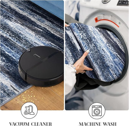 Modern Abstract Runner Rug 2x5, Navy Blue Washable Entryway Kitchen Runner Non-Slip Soft Hallway Rug Runner Thin Print Faux Wool Carpet for Bedroom Laundry Room Indoor