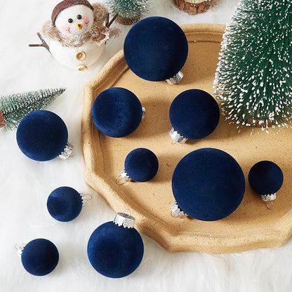 Velvet Christmas Ball Ornaments Set-46pcs Flocked Shatterproof Christmas Tree Decorations Plastic Xmas Decorative Hanging Ornaments for Xmas Holiday Home Decor,3 Sizes(Navy Blue)