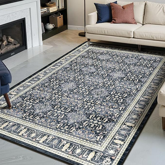 Washable 5x8 Area Rugs, Floral Moroccan Trellis Classic Boho Carpet for Living Room Bedroom, Low Pile Thin Rug with Rubber Backing Non Slip Machine Washable for Dining Room Office, Dark Blue