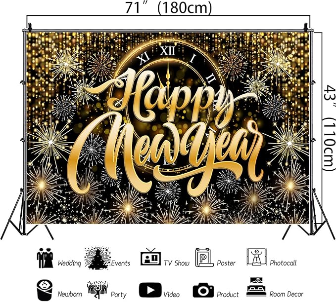 Gold Happy New Year Banner Backdrop Gold Clock Fireworks 2026 Happy New Year Decorations Sparkling Backdrop for NYE Party 2026 Countdown Decor 5.9×3.6 Ft (Polyester)