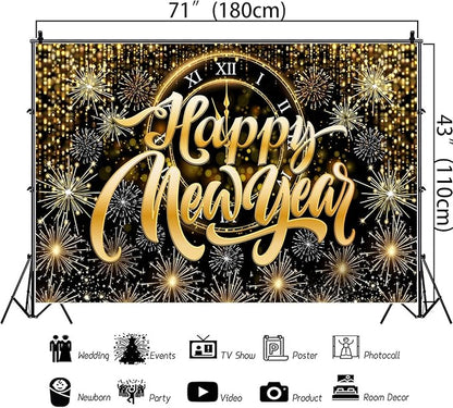 Gold Happy New Year Banner Backdrop Gold Clock Fireworks 2026 Happy New Year Decorations Sparkling Backdrop for NYE Party 2026 Countdown Decor 5.9×3.6 Ft (Polyester)