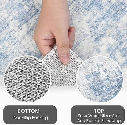 IOHOUZE Abstract Runner Rug 3x8 Ft Washable Runners for Hallways, Non Slip Kitchen Runner Printed Faux Wool Entryway Runner Indoor, Modern Abstract Floor Carpet for Hall Bedroom, Light Blue White