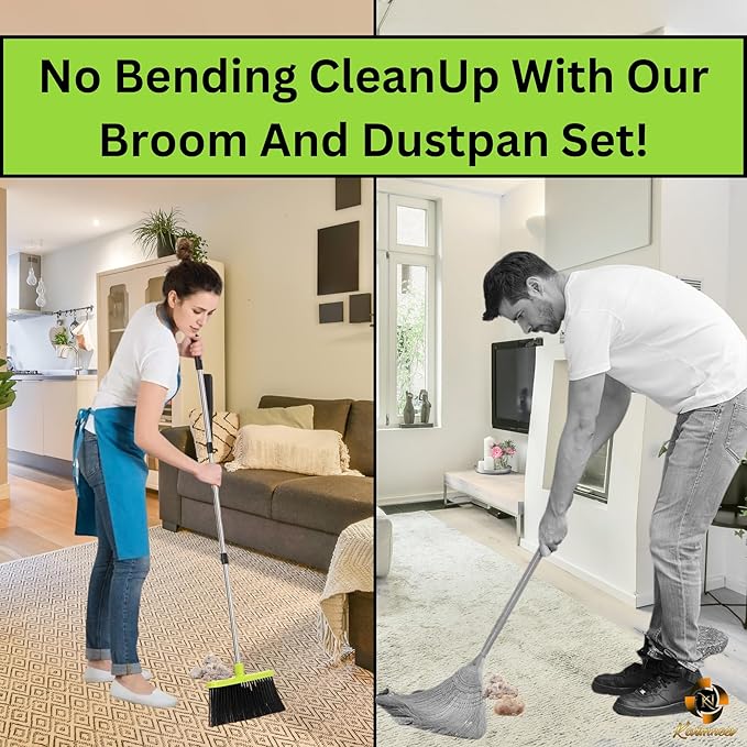 Standing Broom and Dustpan Set, Built-in Scraper Teeth, No-Slip Grip, Dust Collection Tray for Home, Office, Lobby, and Outdoor, Adjustable Handle from 38.18" to 52" (Black & Green)
