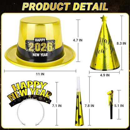 48PCS New Year's Eve Party Supplies for 24 Guests - Happy New Year Headband, Gold Black Party Favors, Cone Hats, Horns, Blowouts - Accessories in Plastic Cardboard