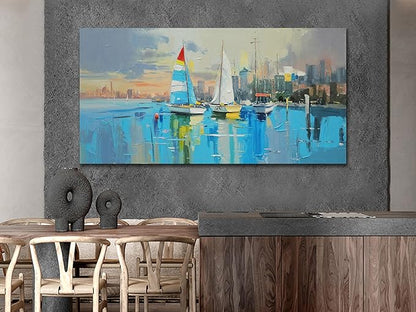 Anolyfi Abstract Canvas Wall Art Landscape Picture Coastal Cityscape Painting Blue Textured Artwork for Living Room Bedroom Bathroom Kitchen Office Home Decor 40"x20"