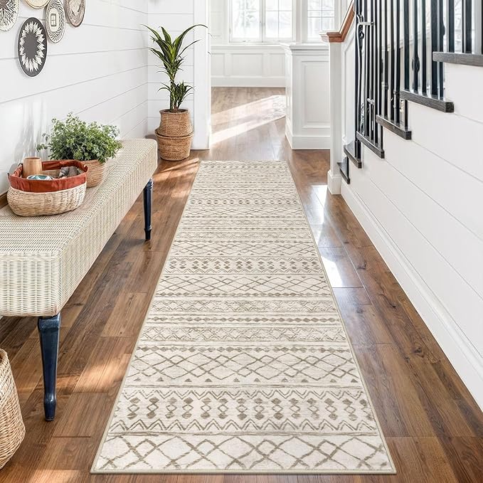 KUTA Boho Runners for Hallways 2x7 Beige Navy Blue Moroccan Washable Runner Rug Non-Slip Vintage Kitchen Rugs Ultra Soft Geometric Floor Carpet for Bedroom Laundry Living Room