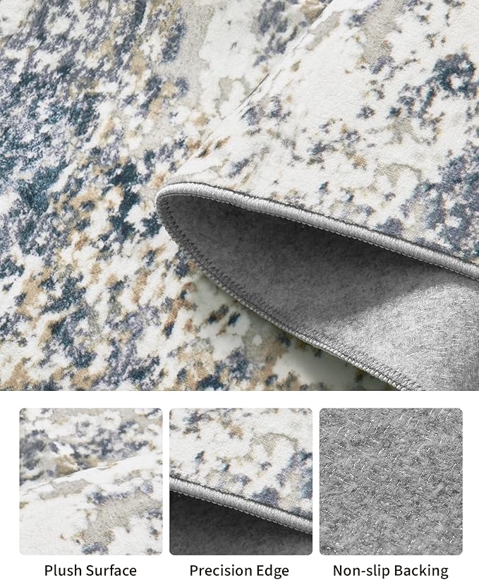 Art&Tuft Washable Rugs 9x12, Abstract Area Rugs 9x12 Living Room - Non Slip and Low Pile Soft Thin Rug for Bedroom, Dining Room, Kitchen, Office, Blue