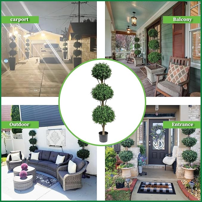 Two 66 Inch Artificial Boxwood Triple Ball Topiary Trees Potted UV Rated 5 and a Half Foot Tall