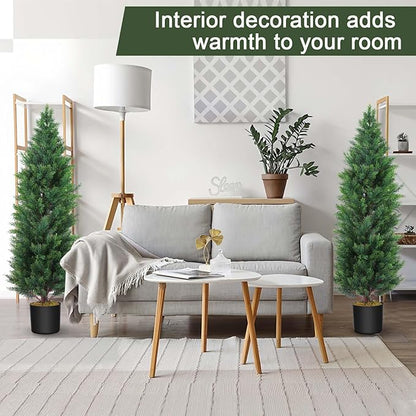 Hananona 2 Pcs 4 Ft Artificial Topiary Cedar Trees, Outdoor Faux Pine Shrubs, Realistic Fake Greenery Plants UV Resistant Cypress Trees for Christmas Porch Front Door Decor (2, Green, 4 Ft)