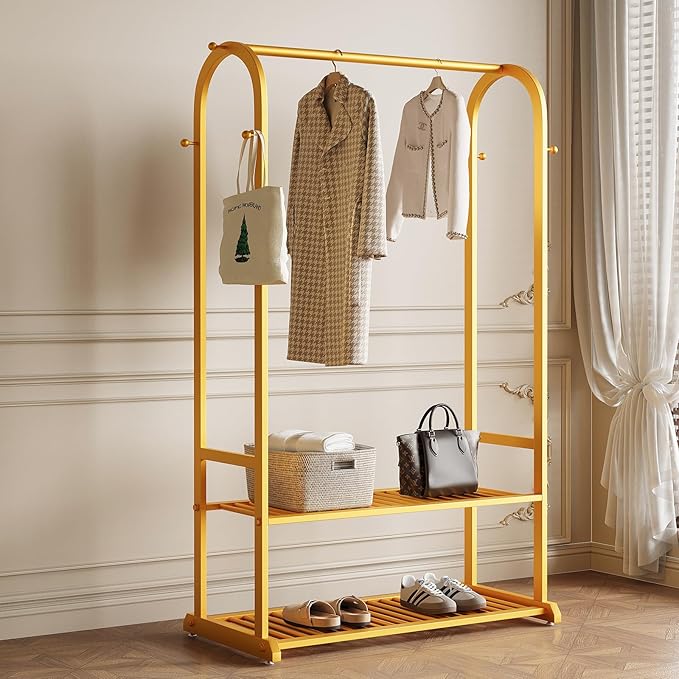 Gold Clothing Rack,Heavy duty clothes rack with 2-tier Bottom Shelves, Garment Rack with 6 Side Hooks for Hanging Clothes, Coats, Shirts (gold, 39.37in)