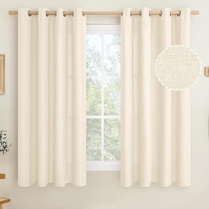 LAMIT Light Beige Linen Curtains 63 inch Length for Bedroom, Grommet Thermal Insulated Thick Curtains Burlap Light Filtering Panels for Living Room/Outdoor/French Door, Set of 2 Panels, W52 x L63