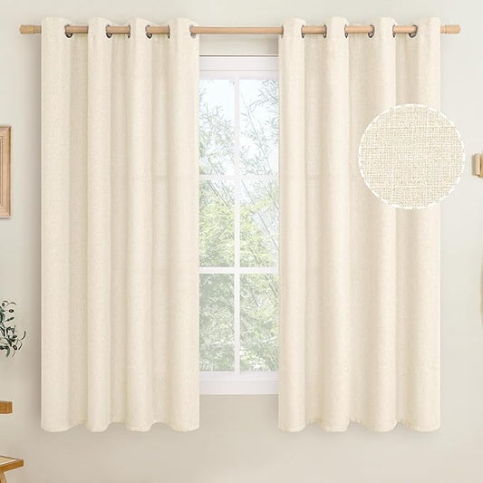 LAMIT Light Beige Linen Curtains 63 inch Length for Bedroom, Grommet Thermal Insulated Thick Curtains Burlap Light Filtering Panels for Living Room/Outdoor/French Door, Set of 2 Panels, W52 x L63