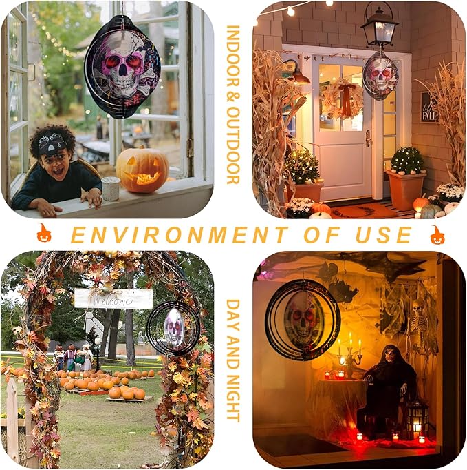 Halloween Skull Wind Spinner Decoration - 12 Inch 3D Mandala Kinetic Art Hanging Sculpture Metal Rustproof Garden Decor, Outdoor Hanging Spinner for Patio, Yard, or Garden