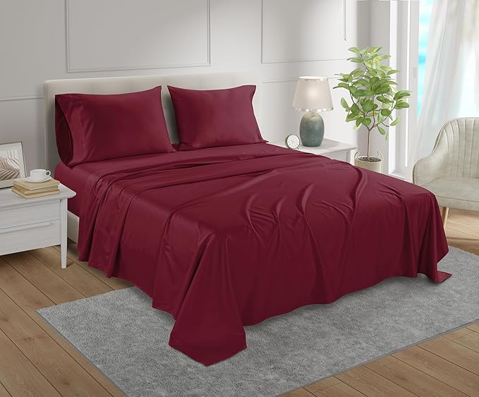 King Sheet Set, 100% Cotton Bed Sheets King Size Sheets Deep Pocket Set, 800 Thread Count Sateen Weave 4 Piece Luxury Bedding, Soft Breathable Machine Washable All Season Comfort- Burgundy