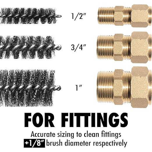 6pcs Copper Tube Pipe Cleaner for Fittings, 1/2” 3/4” 1” Pipe Cleaning Brush Set, Stainless Steel Wire Bore Brushes for Power Drill, 1/4 Inch Hex Shank