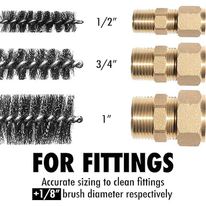 6pcs Copper Tube Pipe Cleaner for Fittings, 1/2” 3/4” 1” Pipe Cleaning Brush Set, Stainless Steel Wire Bore Brushes for Power Drill, 1/4 Inch Hex Shank
