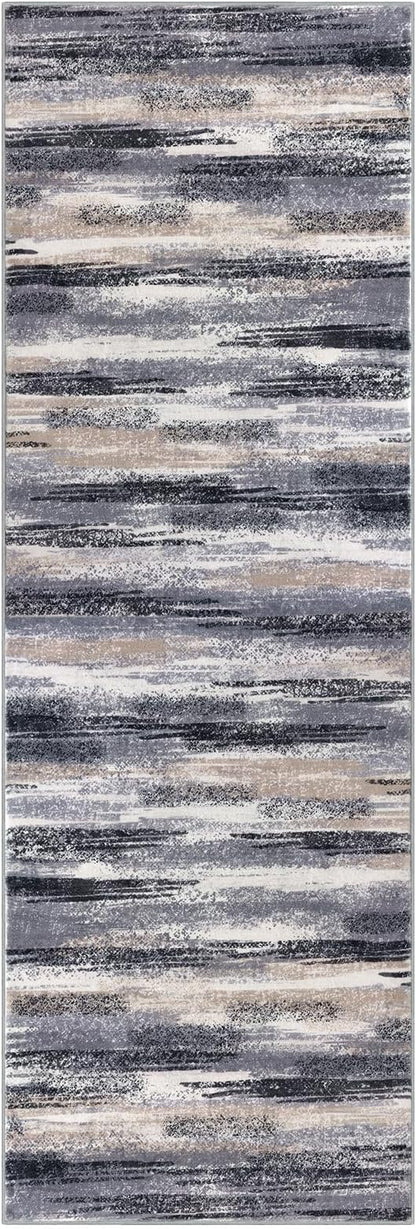 Modern Abstract Runner Rug 2.6x8, Grey Black Multi Washable Kitchen Runner Non-Slip Soft Hallway Rug Runner Thin Print Faux Wool Carpet for Entryway Bedroom Laundry Room Indoor Home Decor