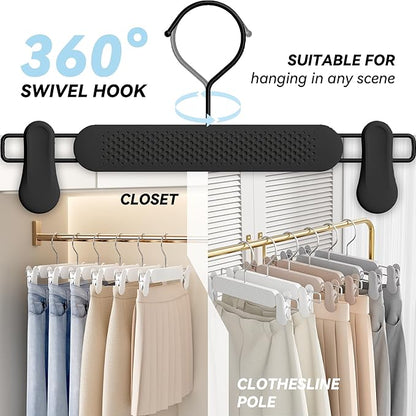 30 Pack Skirt Pant Hangers with Clips for Women, Kids, Baby, Children, Toddler, Frosted Embossing Adjustable Heavy Duty Shorts Hanger with 360° Swivel Hook (Black)