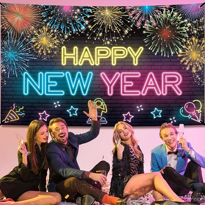 KatchOn, XtraLarge Neon Happy New Year Banner - 72x44 Inch | Neon New Year Backdrop 2026 | New Years Decorations 2026 | NYE Eve Banner For NYE Decorations 2026 | New Years Eve Party Supplies 2026