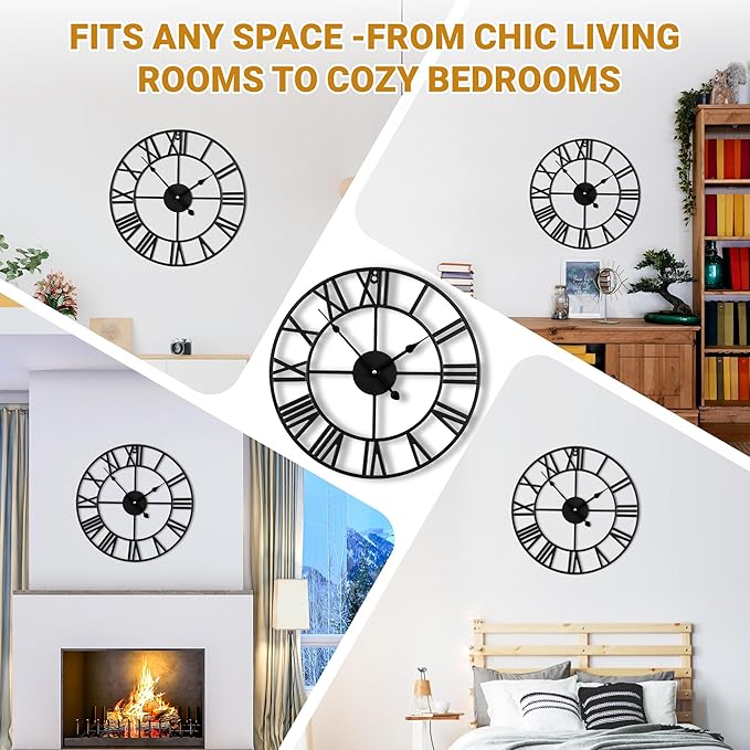 30inch/76cm Extra Large Wall Clock for Bedroom Living Room Battery Operated Big Metal Decorative Analog Silent Giant Non Ticking Clocks Room Wall Decor (Iron Roman Numerals, 30 inches)