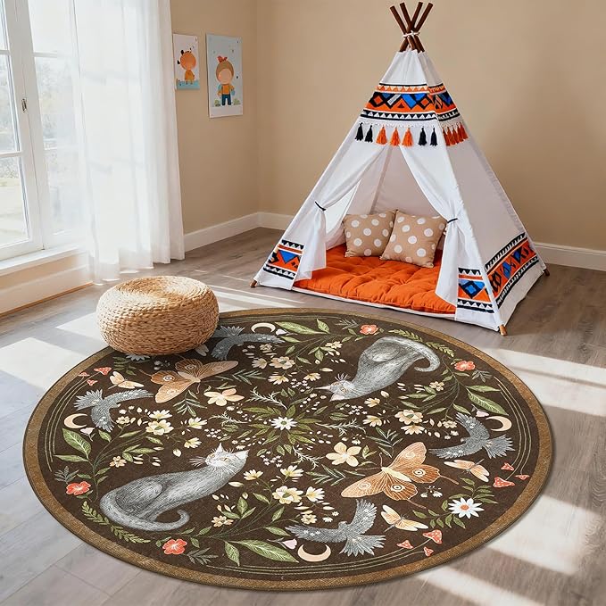 GarveeHome Round Area Rugs 5ft for Bedroom, Cat Brown Washable Circle Rug Soft Non Slip Mushroom Floral Floor Mat Carpet Indoor Thin Rug for Bedroom Dining Room Playroom Nursery Gothic Decor