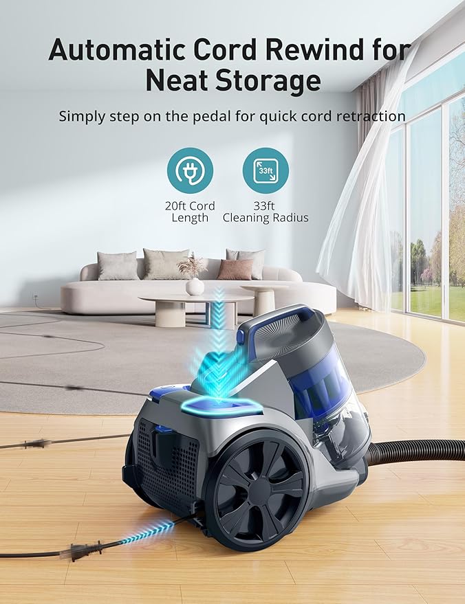 1700W Canister Vacuum Cleaner, 32Kpa Bagless Vacuum Cleaner, Multi-Cyclonic Filtration, 2 Anti-Allergen HEPA Filters, 3.5QT Dust Cup, 4 Tools, Corded Vacuum for Hard Floor, Pet Hair, Navy Blue