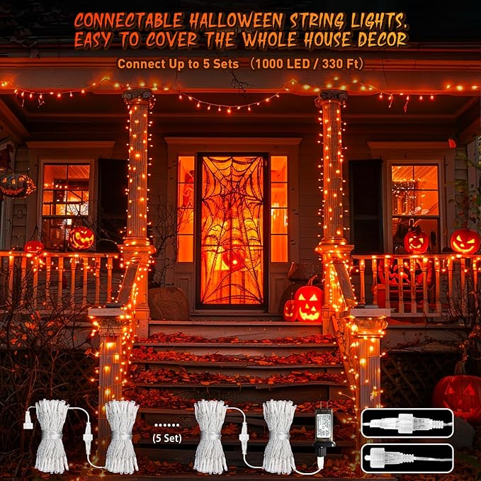 JMEXSUSS 66ft 200 LED Halloween Lights Outdoor Indoor, Connectable Orange String Lights Clear Wire, Fall Light Plug in for Fireplace Tree Garden Patio Thanksgiving Fall Halloween Decor