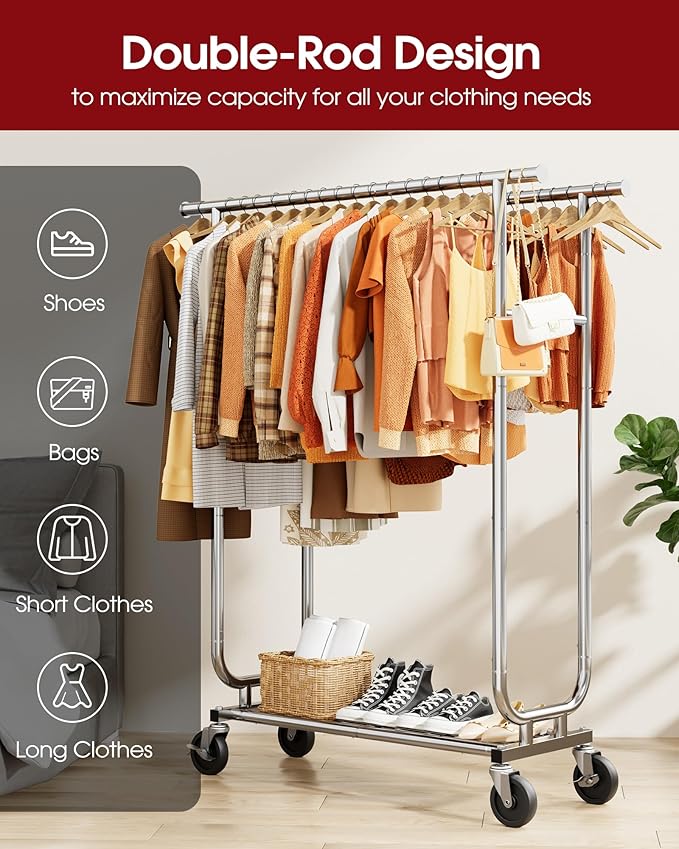 Stainless Steel Rolling Clothes Rack with Mesh Shelf, Lockable Wheels & Anti-Slip Stoppers, Freestanding Clothing Organizer for Bedroom, Laundry Room, 43.5" x 16.5" x 65.9", Silver