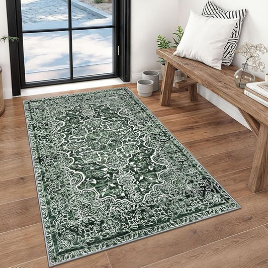 KUTA 3x5 Vintage Area Rug, Floral Kitchen Rugs Dark Green Washable Non-Slip, Ultra Soft Printed Distressed Medallion Entry Carpet Low-Pile Throw for Entrance Bedroom Living Room