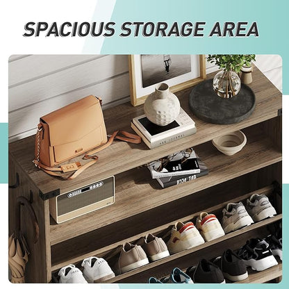 Vabches Shoe Storage Cabinet with 2 Flip Drawers,Freestanding Narrow Shoe Organizer with Open Storage,Hidden Slim Shoe Rack Cabinet for Entryway,Rustic Oak Rattan (2 Pack)