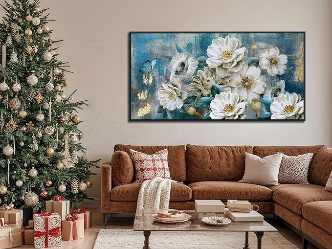 Arjun Extra Large Black Framed Flower Canvas Wall Art for Living Room White Elegant Modern Painting for Bedroom Textured Gold Foil Turquoise Picture Floral Teal Artwork Home Office Decor, 58"x29"