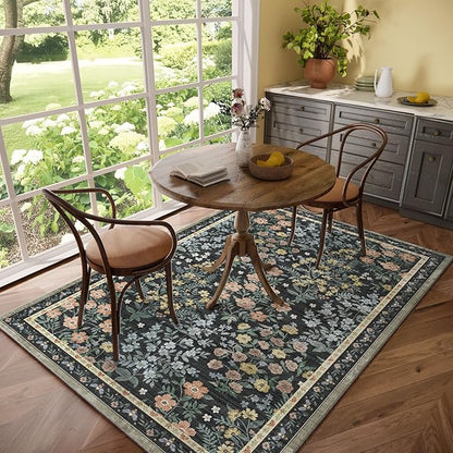 Washable Living Room Area Rug: 5x7 Rugs for Bedroom Vintage Stain Resistant Non Slip Low Pile Soft Lightweight Carpet Rug for Kitchen Dining Room Kids Room Nursery Living Room